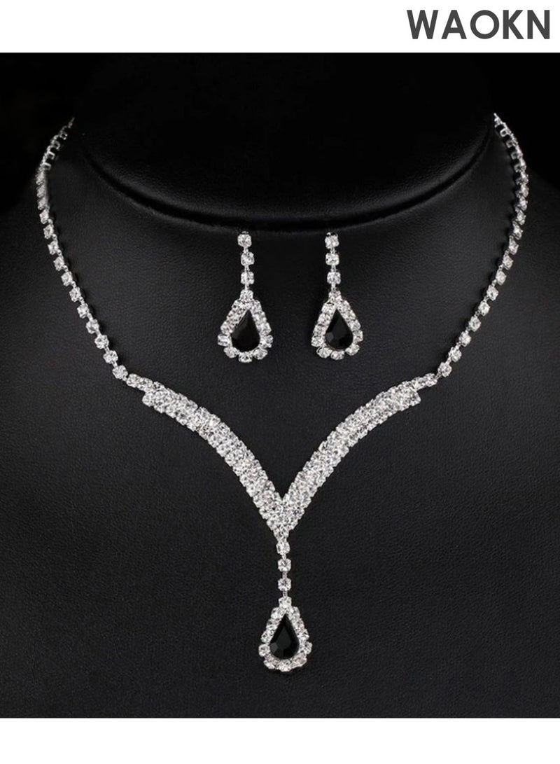 WAOKN 2 Piece Jewelry Set of Necklace and Earrings Shiny teardrop shape Diamond Chic Rhinestone Decor Jewellery Set , suitable for Women , Ladies , Gift for Girlfriend Wife Mother Bridesmaids Wedding Party Accessories , unisex , black. - Image 1